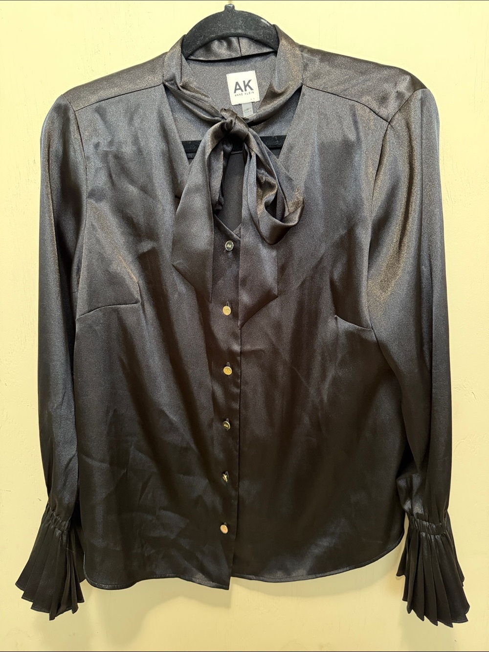 Ann Klein Black Satin Tie-Neck Blouse